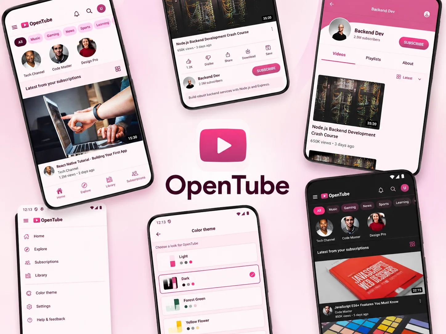 OpenTube YouTube-style app promo collage