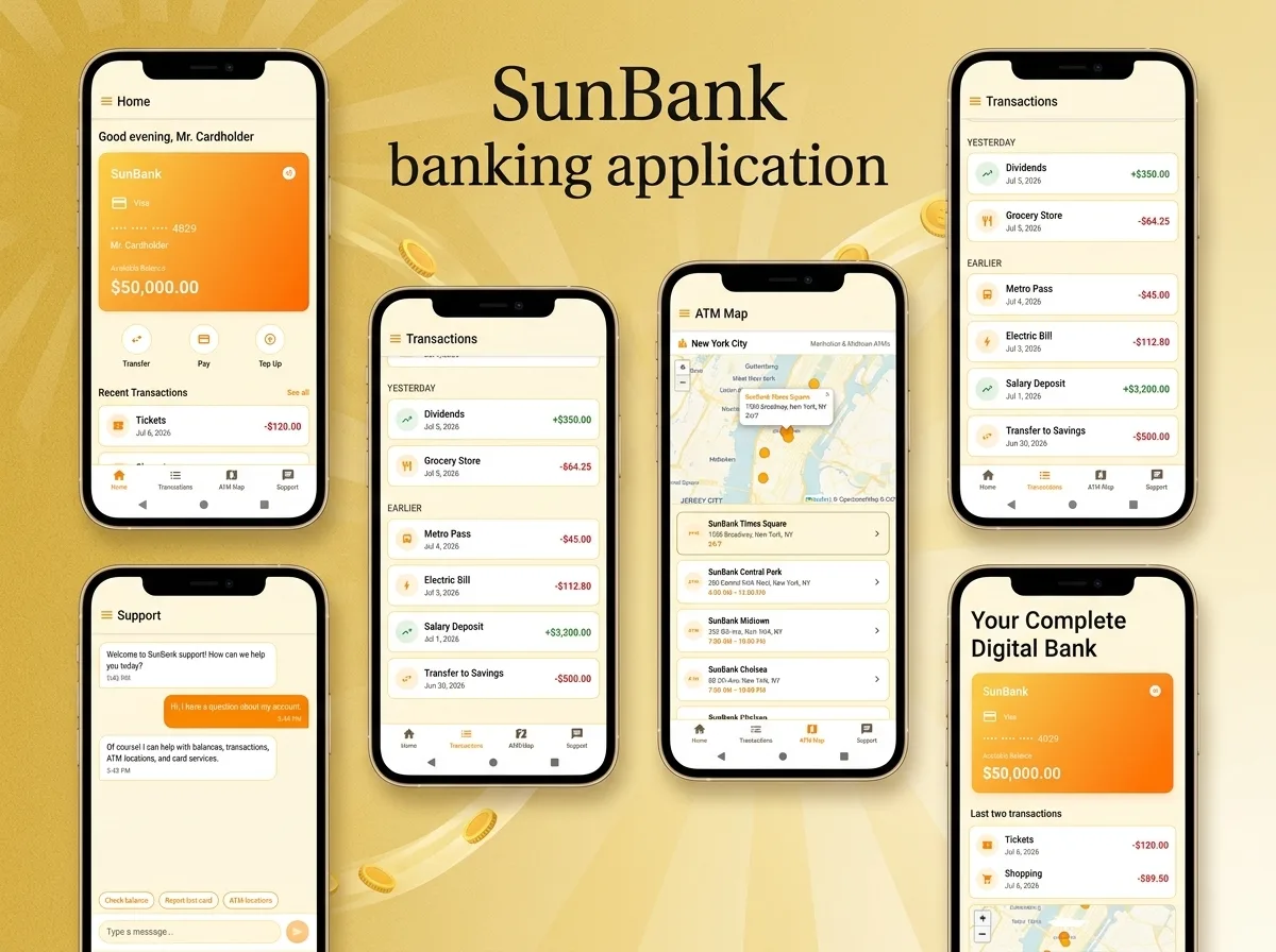 SunBank mobile banking app promo collage