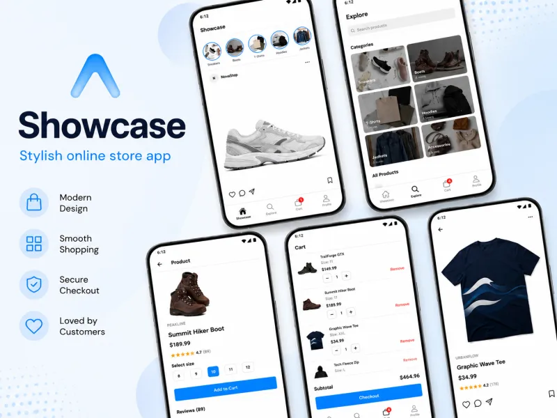 Showcase online store app screens